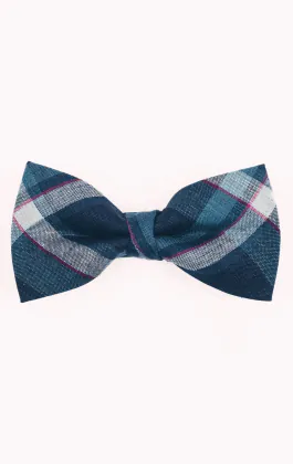 Blue Bold Check Linen Bow Tie