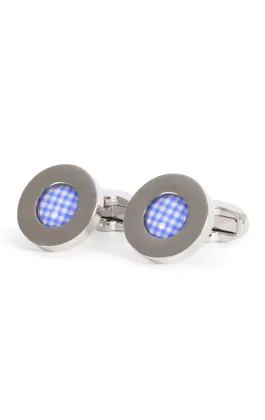 Blue Gingham Pattern Rhodium Plated Cufflinks