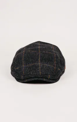 Navy Twill Check Flat Cap