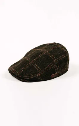 Olive Green Twill Check Flat Cap