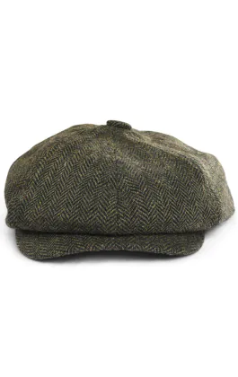 Olive Green Herringbone Tweed Baker Boy Cap