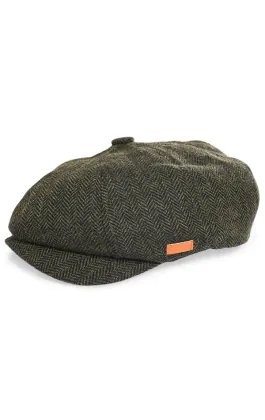 Olive Green Herringbone Tweed Baker Boy Cap
