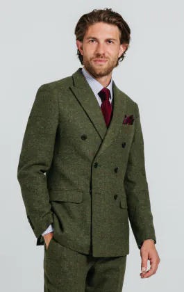 Double Breasted Green Windowpane Check Tweed Jacket