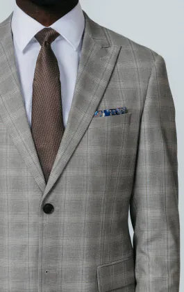 Taupe Check Suit Jacket with Peak Lapel