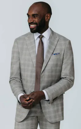 Taupe Check Suit Jacket with Peak Lapel