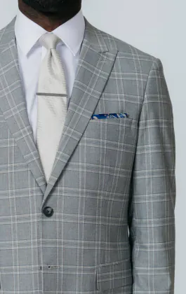 Grey with Tan Check Suit Jacket with Peak Lapel