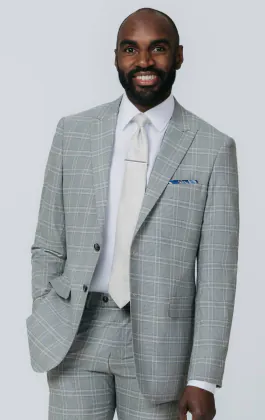 Grey with Tan Check Suit Jacket with Peak Lapel