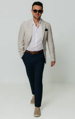 Light Grey Windowpane Check Linen Jacket