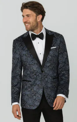 Blue Paisley Velvet Print Dinner Jacket with Peak Lapel