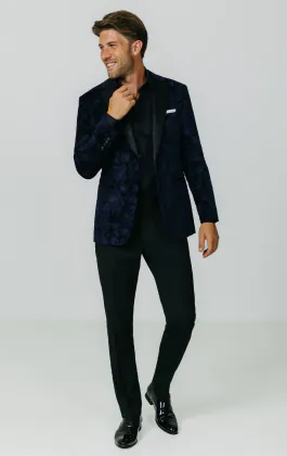 Navy Floral Jacquard Velvet Tuxedo Jacket
