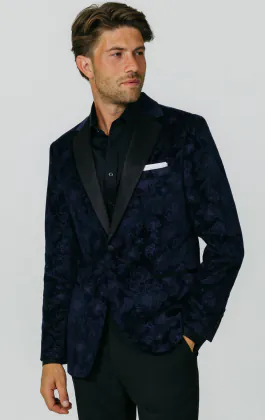 Navy Floral Jacquard Velvet Tuxedo Jacket