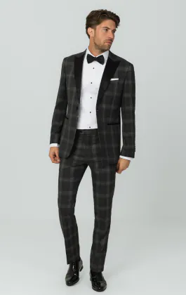 Grey Tartan Check Dinner Jacket with Peak Lapel