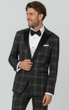 Grey Tartan Check Dinner Jacket with Peak Lapel