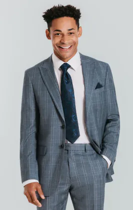 Light Blue Check Suit Jacket with Peak Lapel