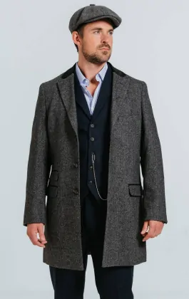 Full Length Tweed Herringbone Ankle length Gray Overcoat - Mens Topcoat