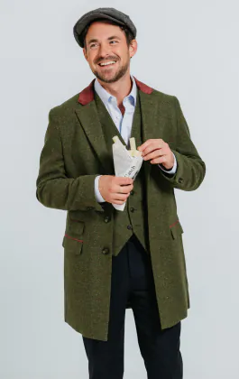 Green Windowpane Check Tweed Overcoat with Velvet Trims