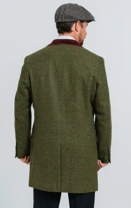 Green Windowpane Check Tweed Overcoat with Velvet Trims | Dobell