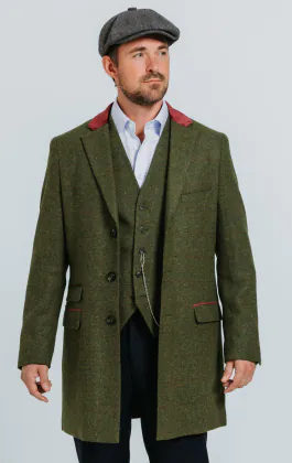 Green Windowpane Check Tweed Overcoat with Velvet Trims