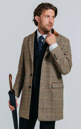 Brown and Blue Check Tweed Wool Blend Overcoat with Velvet Trim
