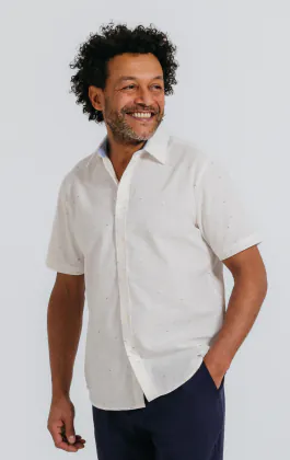 White Short Sleeve Shirt with Coloured Weave
