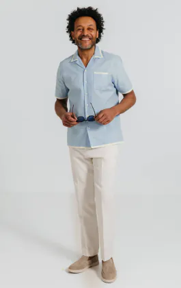 Light Blue Linen Cuban Collar Shirt with Contrast Tipping
