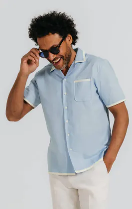 Light Blue Linen Cuban Collar Shirt with Contrast Tipping