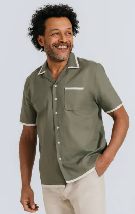 Khaki Linen Cuban Collar Shirt with Contrast Tipping