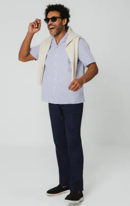Blue & White Seersucker Cuban Collar Shirt