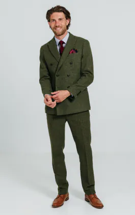 Double Breasted Green Windowpane Check Tweed Jacket