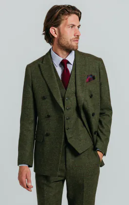 Double Breasted Green Windowpane Check Tweed 3 Piece Suit
