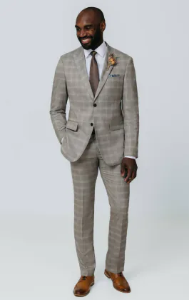 Taupe Check Suit with Peak Lapel