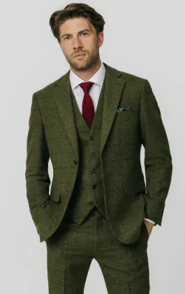 Green Windowpane Check Tweed 3 Piece Suit