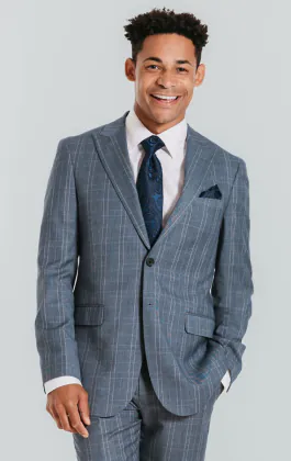Light Blue Check Suit with Peak Lapel
