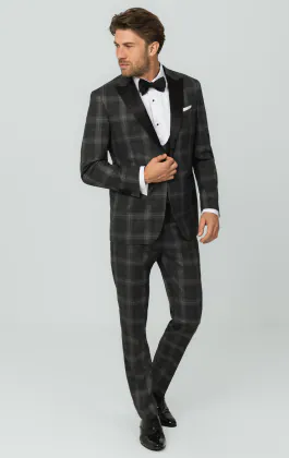 Grey Tartan Check 3 Piece Tuxedo with Peak Lapel