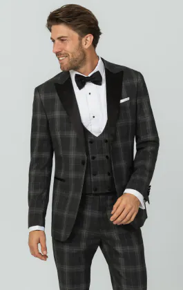 Grey Tartan Check 3 Piece Tuxedo with Peak Lapel