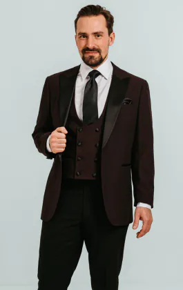 Burgundy 3 Piece Tuxedo with Peak Lapel & Black Trousers