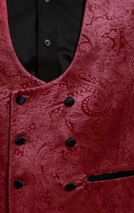 Dobell Burgundy Paisley Velvet Double Breasted Tuxedo Waistcoat Dobell