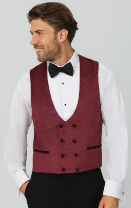 Burgundy Paisley Velvet Double Breasted Tuxedo Waistcoat