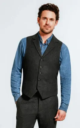 Dobell Grey Donegal Tweed Waistcoat with Notch Lapel Dobell