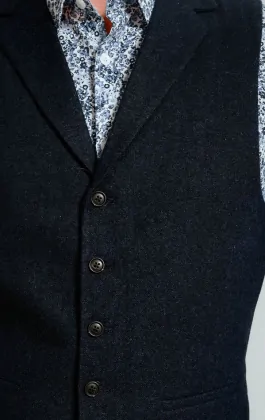 Dobell Navy Donegal Tweed Waistcoat with Notch Lapel Dobell