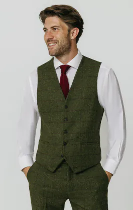 Green Windowpane Check Tweed Waistcoat | Dobell