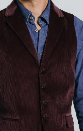 Burgundy Corduroy Waistcoat with Notch Lapel