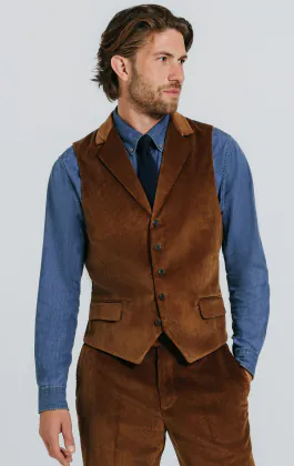 Mid Brown Corduroy Waistcoat with Notch Lapel