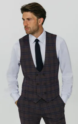 Burgundy with Blue Windowpane Check Double Breasted Waistcoat