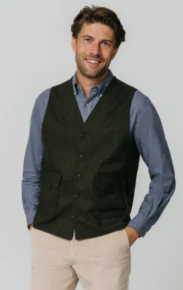 Green Herringbone Tweed Waistcoat with Patch Pockets