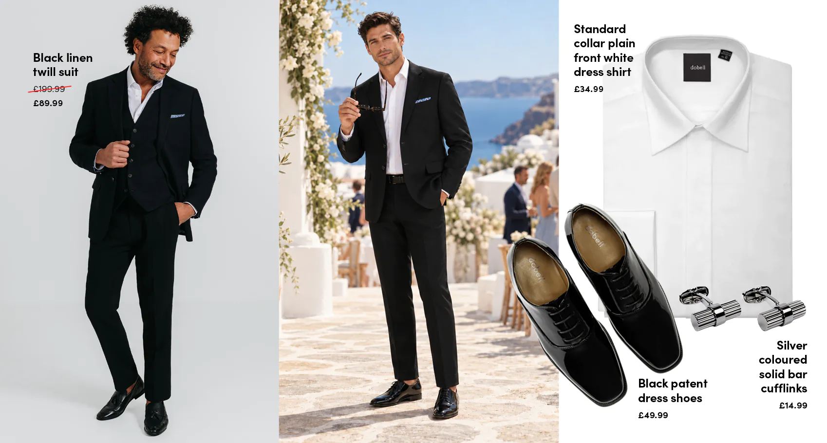 Black suit wedding outfit with linen tailoring, a white shirt, patent shoes and silver cufflinks.