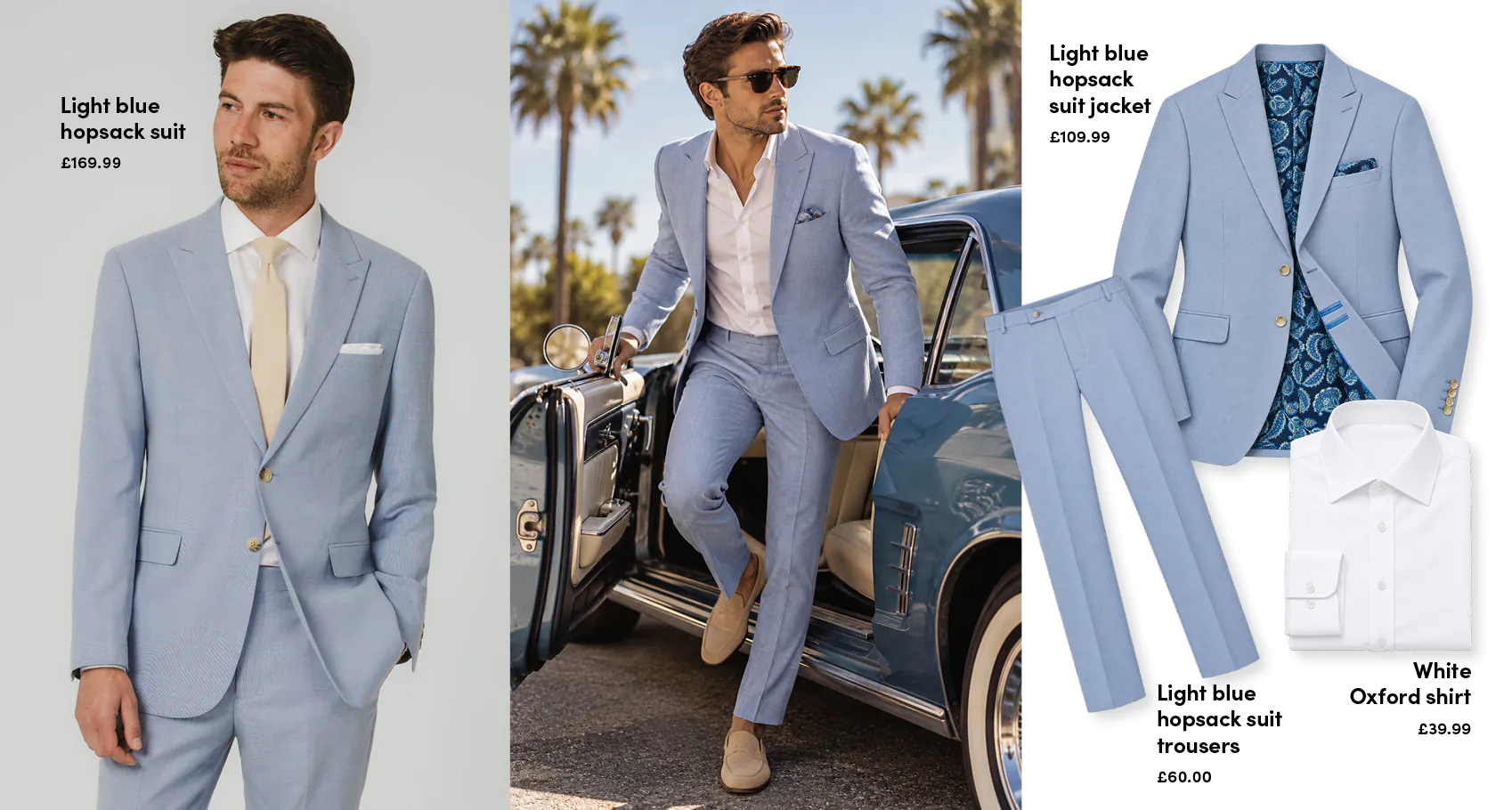 Models wearing light blue hopsack suits alongside a matching jacket, trousers and white Oxford shirt.