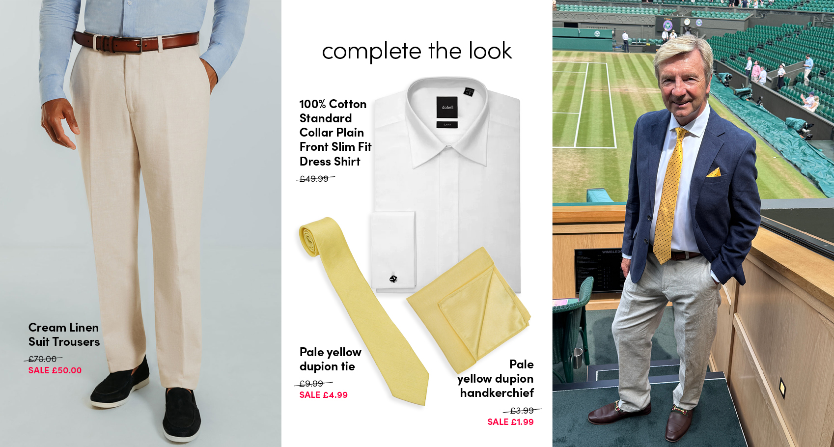 Christopher Dean at Wimbledon 2026 beside cream linen trousers, a white shirt, pale yellow tie and matching handkerchief