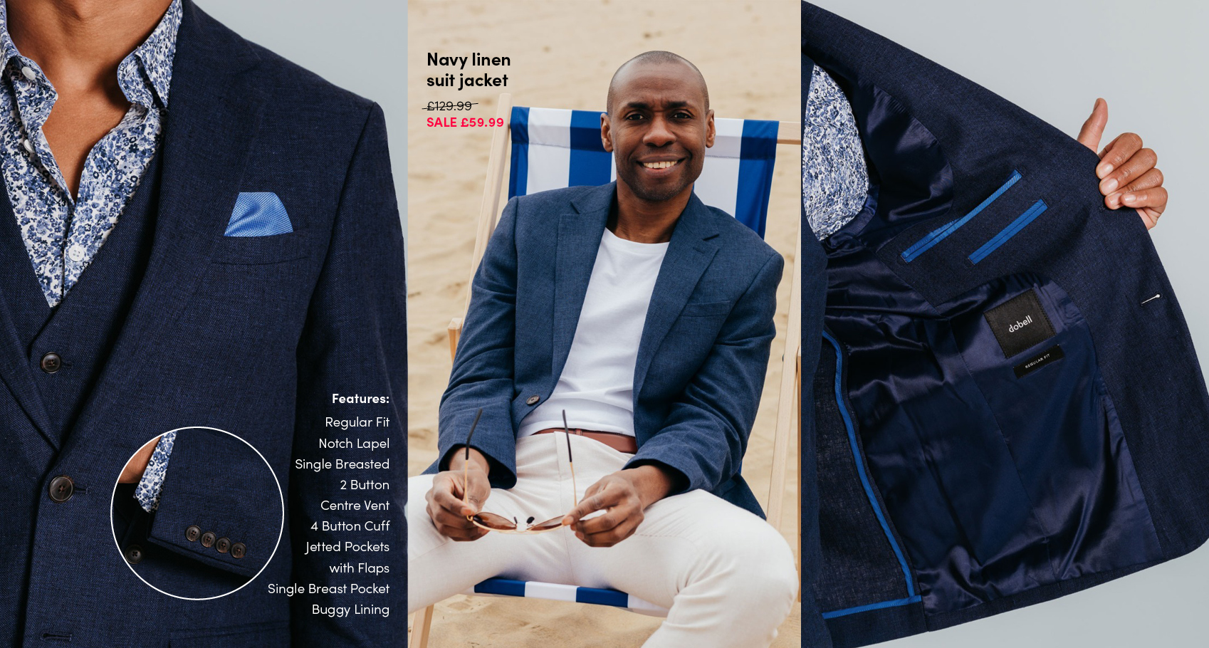 Navy linen suit jacket styled for the Wimbledon dress code for men, with product details and interior lining